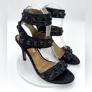 CYNTHIA VINCENT Black Strappy Heel Shoe Studded Hook Loop Sexy Ankle Wedding 6.5